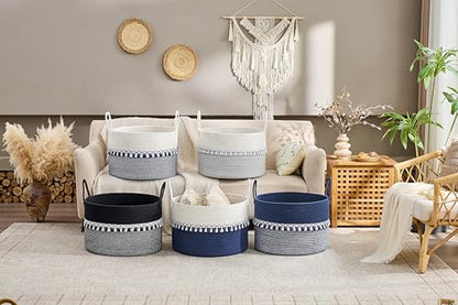 KAKAMAY Large Blanket Basket with Handles, Storage Basket for Living Room - color: Blue Fringe