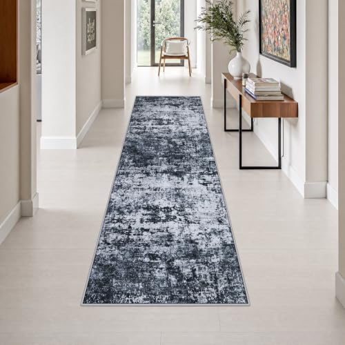 2.6x10 Washable Runner Rug:Modern Abstract Indoor Carpet Black - color: Black, size: 2'6" x 10' (Rectangular)
