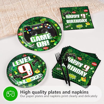 96 Pcs Video Game 9th Birthday Party Decorations for Boy, Serves 24 - style: Green Video Game 9th Kit