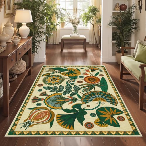 Joydeco 3x5 Washable Entryway Rug Non Slip, Egypt Floral Beige Bedroom Rug - color: Beige, size: 3' x 5' (Rectangular)