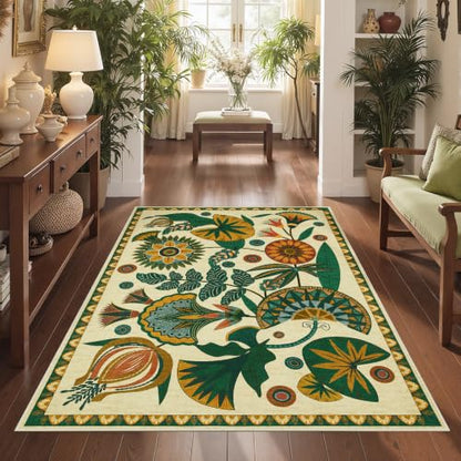 Joydeco 3x5 Washable Entryway Rug Non Slip, Egypt Floral Beige Bedroom Rug - color: Beige, size: 3' x 5' (Rectangular)