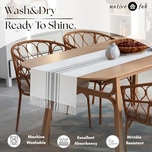 Native Fab Gray Table Runner 72 Inches Long - Boho Striped Table Cover with Fringes - 100% Cotton, Soft, Tight Weave, Non Slip Tablerunner for Dining, Dresser, Wedding - Grey and White (14x72 inches) - color: Gray White, size: 14x72