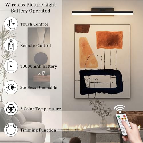 Battery Operated Picture Light15.5Inch with Remote,10000mAh Rechargeable Wireless Picture Light for Wall 3CCT Dimmable Frame Lights for Gallery Painting - color: Black