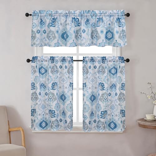 Regal Home Collections Kitchen Tiers & Window Valance Curtains Set - 54"x36" Rod Pocket Cafe Tier & Curtain Valances for Windows - Light Filtering Fabric, Monaco White/Blue - color: Aerin/Blue