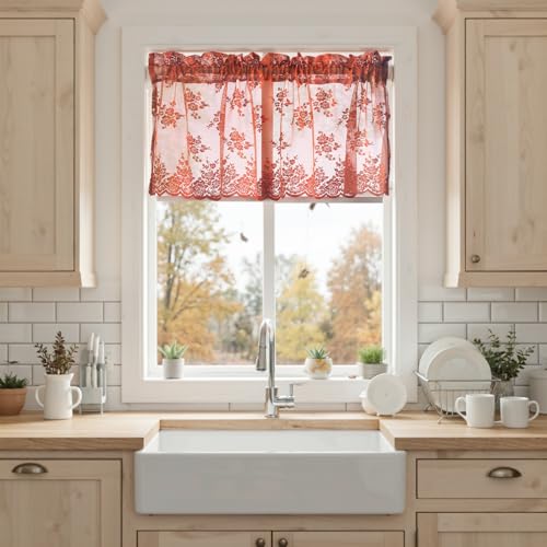 Kotile Burnt Orange Sheer Valance Curtain for Kitchen W52xL18 Inch 1 Panel - color: Burnt Orange
