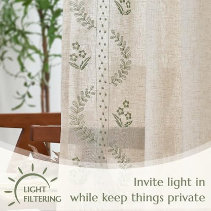 jinchan Floral Linen Curtains 90 Inch Farmhouse Back Tab 2 Panels - color: Sage, size: 50"W x 90"L (Pack of 2)