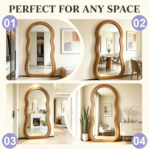 71"x33.5" Wavy Full Length Mirror with 3-Layer Solid Wood Frame - color: Natural Wavy Frame, size: 71"L x 33.5"W
