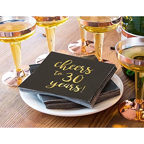 BLUE PANDA 30th Birthday Napkins - 5 x 5 in, 3-Ply, 50 Count, Black & Gold - Cheers to 30 Years Foil Print Napkins - 30th Anniversary Decorations - 30 Balloons - size: 50 Pack