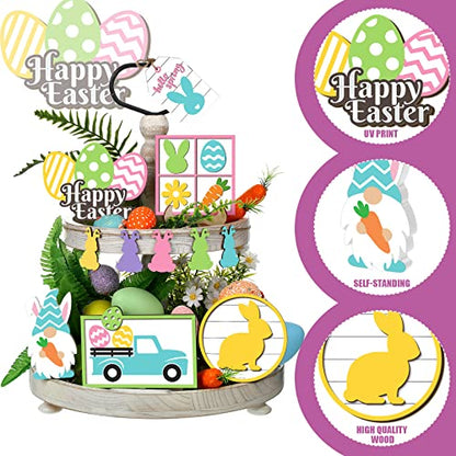 Jetec 12 Pcs Easter Tiered Tray Decoration Set - Easter Bunny Trail Carrot Table Signs Wooden Farmhouse Decoration for Spring Rustic Home Kitchen Decor - style: Bunny