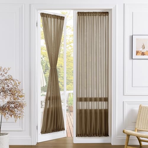 Tollpiz Sheer Door Curtains Closet Linen Textured Curtains Sheer Doorway Light Filtering Voile French Doors Rod Pocket Curtain Patio Glass Door, 25 x 72 inches Long, Brown, 1 Panel - color: Brown, size: 25"W x 72"L (Pack of 1)