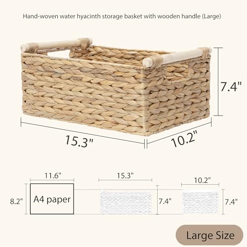 Rectangle Water Hyacinth Wicker Storage Basket Organizer(Large) - size: Large