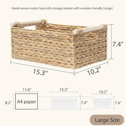 Rectangle Water Hyacinth Wicker Storage Basket Organizer(Large) - size: Large