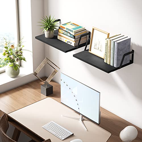 SRIWATANA Floating Shelves Wall Mounted Set of 2 Rustic Wood Shelves with Large Capacity(Black - color: Black