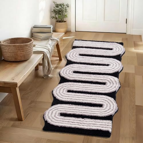 Geometric Design Boho Runner Bathroom Rugs, Long Scalloped Cute Bath Mat Non Slip for Bedroom Kitchen Hallway Laundry Room, Funky Retro Farmhouse Bath Rug Washable, Black/Grey, 51"x20" - color: Black, size: 1'8" x 4'3" (Rectangular)