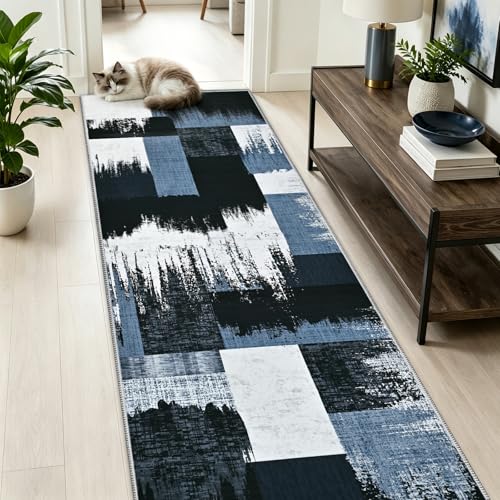 Yinhua Geometric Runner Rug 2x7 Modern Hallway Runner Rugs Low Pile Washable Rugs Non Slip, Soft Faux Wool Area Rug for Bedroom, Kitchen, Laundry, Bathroom, Blue and Gray Carpet No Shedding - color: Blue and Gray, size: 2' x 7'