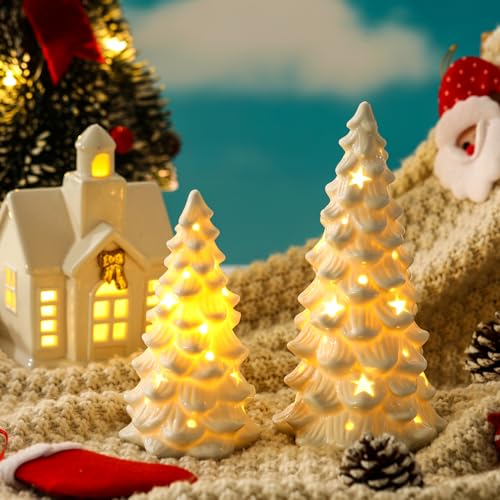 HOMCDALY 2 PCS White Small Christmas Tree with Lights, Mini Christmas Tree for Christmas Décor, Tabletop Xmas Tree Figurines, Christmas Decorations（Ceramic）