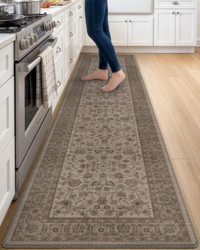 DEXI Kitchen Floor Mats Cushioned Anti Fatigue Runner 24x107 Brown Floral - color: Brown, size: 107"L x 24"W x 0.4"Th