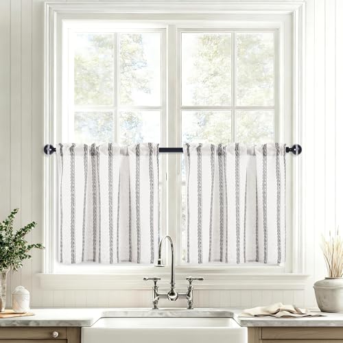 JIUZHEN Farmhouse Striped Linen Kitchen Curtains 2 Panels - Short Tier Drapes 24 Inch Length, Rod Pocket Rustic Window Treatment for Bathroom Living Room, Wheat Stripe Grey - color: Wheat Stripe Grey, size: 30"W x 24"L (Pack of 2)