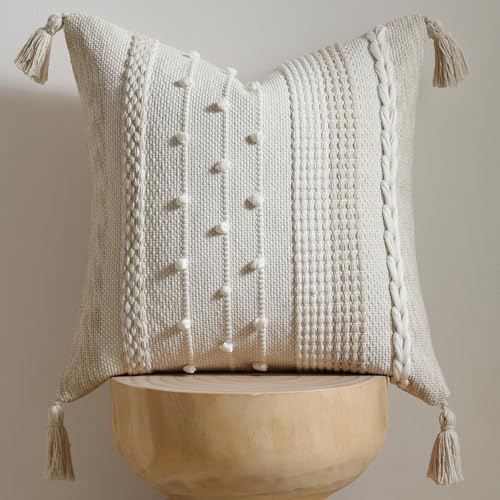 DEZENE Boho Pillow Cover 18x18 Beige - Handmade Woven Textured Throw Pillow Case with Cordings & Tassels, Decorative Accent for Couch Sofa Bed Farmhouse Living Room Bedroom Home Decor - color: Beige, size: 18" x 18" (Pack of 1)