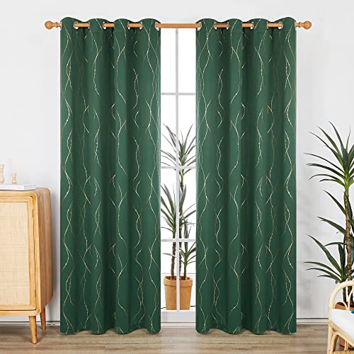 Deconovo Black Out Curtains 84 Inch Long, Curtains for Living Room Bedroom - color: Dark Forest Green/Dots and Line, size: 52"W x 84"L (Pack of 2)