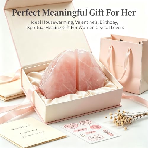 Natural Rose Quartz Bookends 3-4 LBS - Heavy Duty Crystal Book Ends for Shelves, Pink Stone Decorative Home Office Desk Accessories, Gemstone Bookend Set of 2