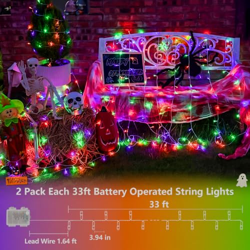 QITONG 2 Pack Battery Operated Halloween Lights, Each 33ft 100 LED - color: Purple Orange and Green, size: 2Pack