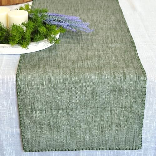 Cotton Table Runner 72 inches Long Decorative Stitched Edge Kitchen Table Runner Bedroom Dresser Scarf Dining Room Table Topper Washable Textured Fabric Runner Furniture Top Cover Green - color: Olive Green, size: 14"x 72"
