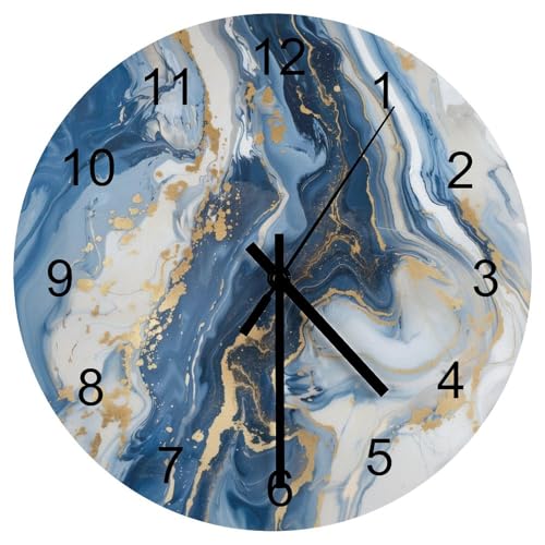 Marble Wood Wall Clock, Modern Luxury Foil Texture Blue White Gold Marble 12 Inch Silent Non-Ticking Battery Operated Round Clock for Bedroom Living Room Office Kitchen Decor - color: Marble-8