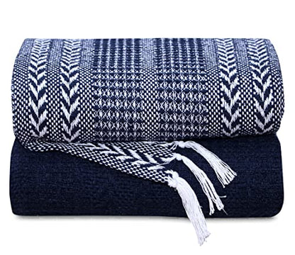 Handwoven Set of Two - Cotton Throw Blankets, Rustic Ottoman & Batik Chair - Striped with Fringe, Picnic 50x60 - Herringbone Navy - color: Herringbone Navy