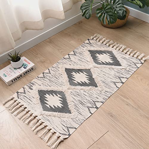 Boho Bathroom Rugs 2x3ft Farmhouse Bath Runner Rug, Small Tufted Cotton Accent Floor Mat with Tassels, Grey - color: Grey, size: 2' x 3' (Runner)