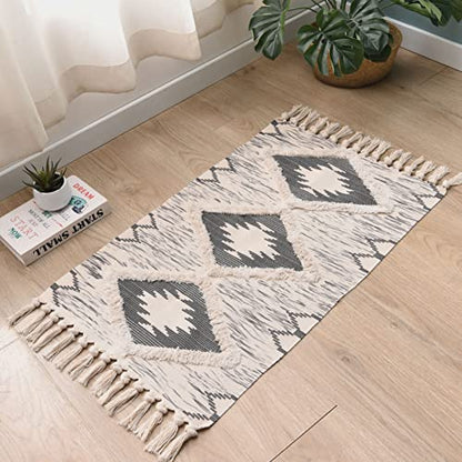 Boho Bathroom Rugs 2x3ft Farmhouse Bath Runner Rug, Small Tufted Cotton Accent Floor Mat with Tassels, Grey - color: Grey, size: 2' x 3' (Runner)