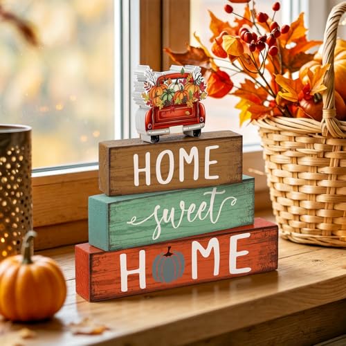 Cinnvoice 4 Pcs Fall Truck Pumpkin Wooden Block Decor Farmhouse Tiered Tray - style: Fall Pumpkin