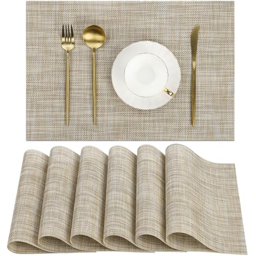 SHACOS Placemats Set of 6 Woven Vinyl Place Mats Wipeable Heat Resistant Stain Resistant Table Mats Indoor Outdoor, Beige - color: Beige, size: Set of 6