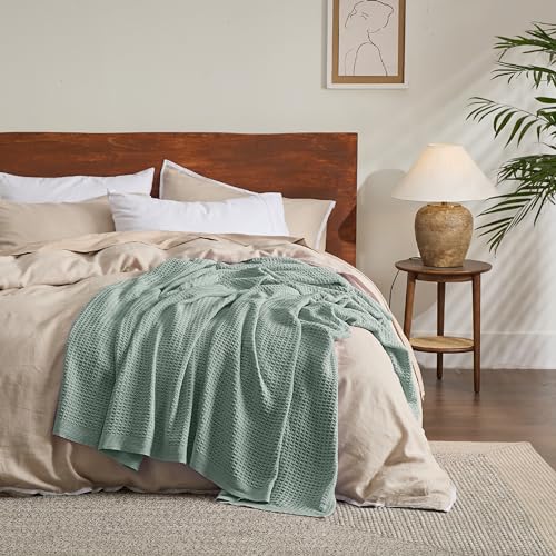 Bedsure 100% Cotton Blanket, Waffle Weave, Queen Size, Green, 90"x90" - color: 04 Green, size: Queen (90" X 90")