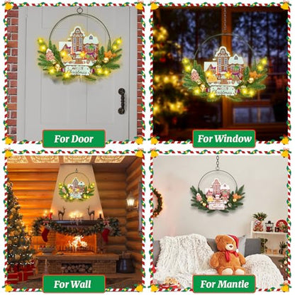 Pre-Lit Christmas Wreath for Front Door, Lighted Witch with 6H On/18H Off - color: Gingerbread-warm White