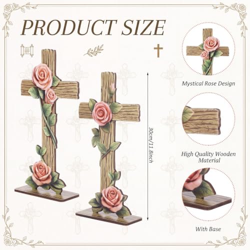 Yuntau 2 Pcs Rose Standing Cross Figurines Table Decor Wooden Rustic Catholic Statues Table Ornament Religious Pink Gift for Kitchen Mantel Home Decor Party Supplies Decoration - style: Rose Standing Cross