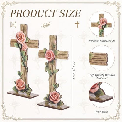 Yuntau 2 Pcs Rose Standing Cross Figurines Table Decor Wooden Rustic Catholic Statues Table Ornament Religious Pink Gift for Kitchen Mantel Home Decor Party Supplies Decoration - style: Rose Standing Cross