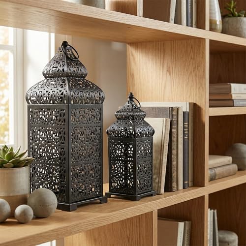 Vela Lanterns Decorative Indoor Moroccan Candle Holders, Black, Set of 2 - color: Black, size: 11" and 15"