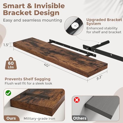 40 Inch Floating Shelves, 9"Deep Wall Shelf, 60 Lbs Capacity, Brown, 2pcs - color: Brown, size: 40"Wx9"Dx1.5"H