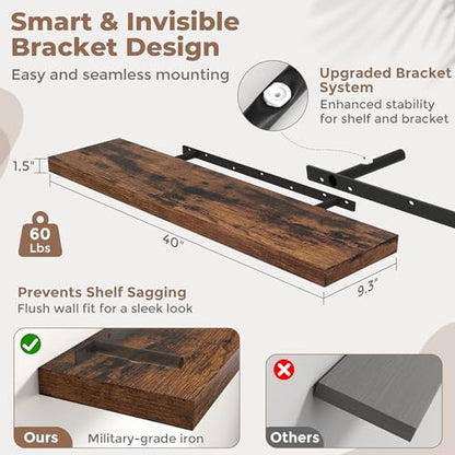 40 Inch Floating Shelves, 9"Deep Wall Shelf, 60 Lbs Capacity, Brown, 2pcs - color: Brown, size: 40"Wx9"Dx1.5"H