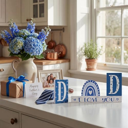 Smile Father's Day Wooden Table Decor "DAD", "I LOVE YOU", Blue Rainbow Desktop Signs Tabletop Decorations for Home Office Shelf Gift for Dad Husband Grandpa - style: Letter Dad