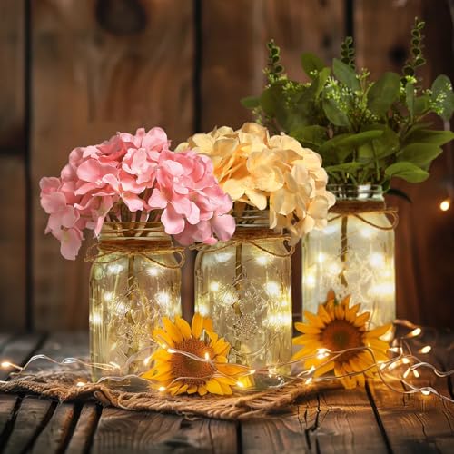 Set of 3 Mason Jar Lights, Pink Hydrangea Holiday Table Decor - color: Jar-pink Hydrangea