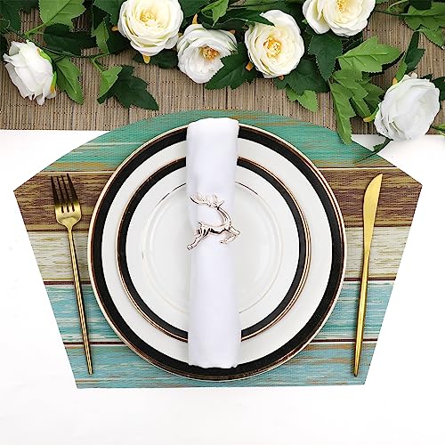 SHACOS Small Round Table Placemats Set of 5 Woven Vinyl Wedge Placemats with Centerpiece Round Table Mats Wipe Clean, Teal Brown Stripe Wood Board - color: Teal Brown