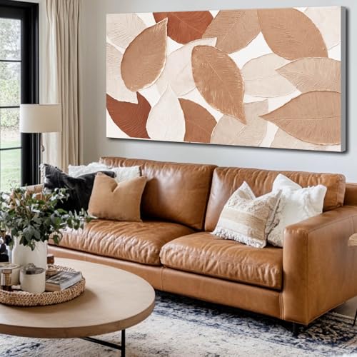Ocevarin Fall Wall Art Leaves Painting Beige Canvas Modern Neutral Wall Decor Earth Tone Textured Artwork for Living Room Dining Room Kitchen 24"x 48" - color: Leaves, size: 48"L x 24"W