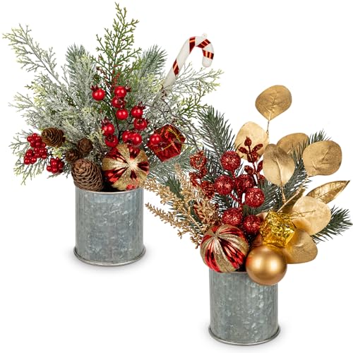 Hollyone 2 Pack Christmas Table Decorations 12" Artificial Small Christmas Tree Potted Plant with Christmas Ball Ornaments Fake Berries Pine Cones for Indoor Home Office Xmas Party Centerpieces Decor - color: Style 4