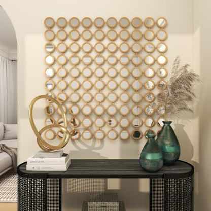 Deco 79 Metal Geometric Room Wall Mirror Entryway Mirror with Grid Pattern, Wall Mounted Mirror 40" x 2" x 40", Gold, 39 by 39"