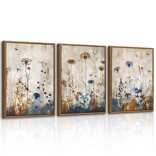 WENGTIAO 3 Pcs Vintage Framed Canvas Wall Art Prints Nature Flowers 16"x24" | Botanical Wall Retro Rustic Brown Plant Floral Canvas Paintings Artwork for Living Room Bedroom Bathroom Office - color: Vntage Nature Flowers Botanical, size: 16"x24"x3Pcs