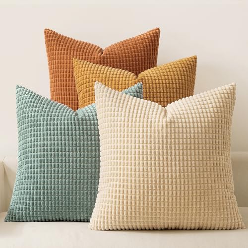 MIULEE Farmhouse Decorative Pillow Covers 18x18 Inch Set of 4 Orange/Teal - color: Orange/Teal, size: 18" x 18" (Pack of 4)