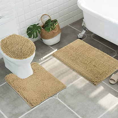 ITSOFT Standard 3pc Non-Slip Shaggy Chenille Bathroom Mat Set, Includes 24"x21" U-Shaped Contour Toilet Rug, 34"x21" Inches Bathmat and 1 Toilet Lid Cover, Beige - color: Beige, size: 24''x21’’, 34’’x21’’ and TLC (Set)