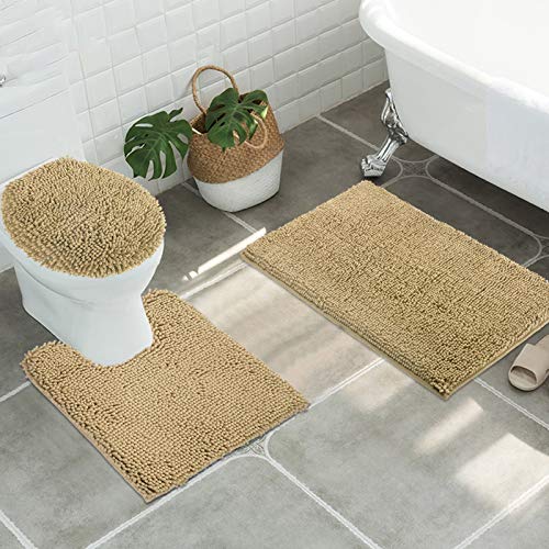 ITSOFT Standard 3pc Non-Slip Shaggy Chenille Bathroom Mat Set, Includes 24"x21" U-Shaped Contour Toilet Rug, 34"x21" Inches Bathmat and 1 Toilet Lid Cover, Beige - color: Beige, size: 24''x21’’, 34’’x21’’ and TLC (Set)